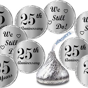 Silver Foil 25th Wedding Anniversary Kisses Stickers, (Set of 216)  Kisses Party Favors Decor, envelope seals (candy not included)