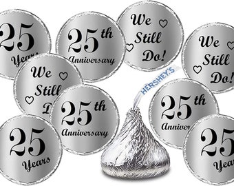 Silver Foil 25th Wedding Anniversary Kisses Stickers, (Set of 216)  Kisses Party Favors Decor, envelope seals (candy not included)