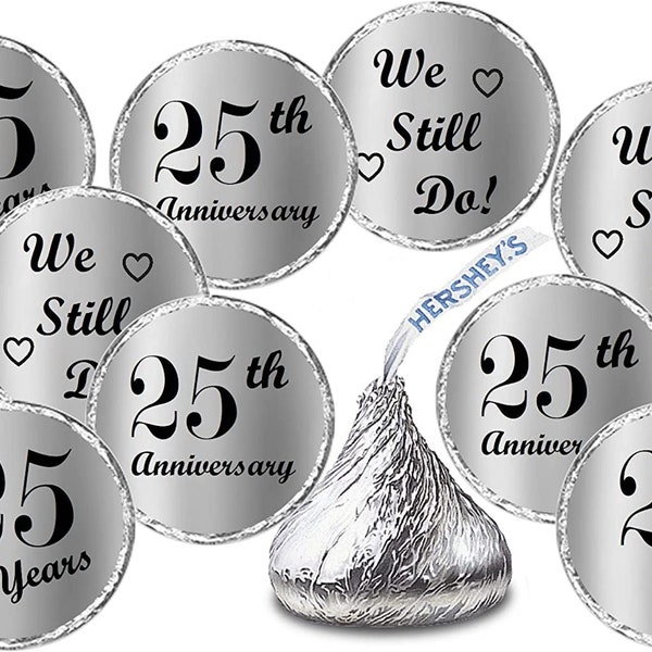 Silver Foil 25th Wedding Anniversary Kisses Stickers, (Set of 216)  Kisses Party Favors Decor, envelope seals (candy not included)