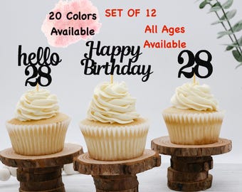 28th Birthday Cupcake Toppers | Hello 28 Theme | Number 28 | Happy Birthday Sign | Glitter Birthday Decorations | Age Toppers Party Decor