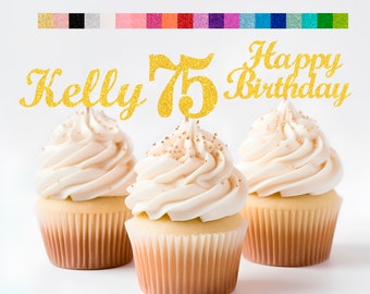 75th Birthday Decorations Personalized Birthday Cupcake Toppers Custom Age, Name & Happy Birthday Sign - Party Decorations for Kids Adults