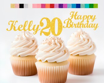 20th Birthday Decorations Personalized Birthday Cupcake Toppers Custom Age, Name & Happy Birthday Sign - Party Decorations for Kids Adults