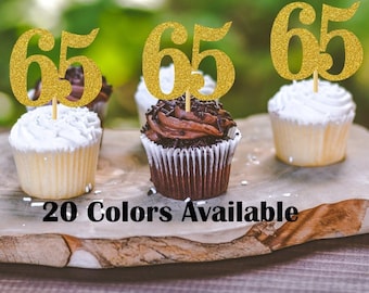 65th Birthday Cupcake Toppers | Glitter Number 65 Decorations | 65th Party Decor | Age 65 Milestone | Party Favors Birthday Party Supplies