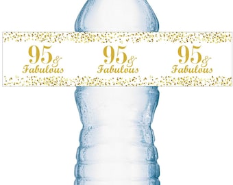 95 and Fabulous | 95th Birthday Water Bottle Labels | (SET of 25) | Glossy Waterproof Labels Birthday Party Decorations | Number 95