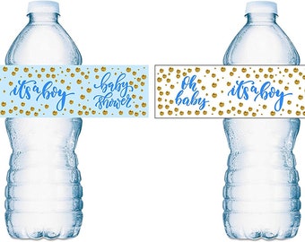 20 Gold and Blue Oh Baby Water Bottle Labels; Its a boy Baby Shower Set of 20 Waterproof Water Bottle Wrappers; Blue and White.