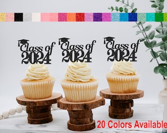 Class of 2024 Cupcake Toppers  (SET of 12) Graduation Cupcake Toppers Glitter Class Reunion All Years Available (20 Colors Available)