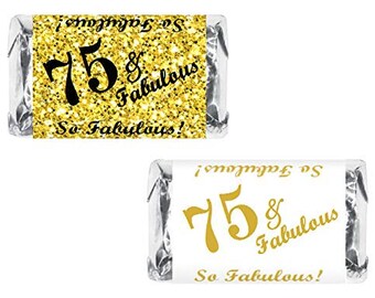 75 and Fabulous | Set of 60 Glossy Stickers | 75th Birthday Labels for Miniature Candy Bar Wrapper | Age 75 Number 75 | CANDY NOT INCLUDED
