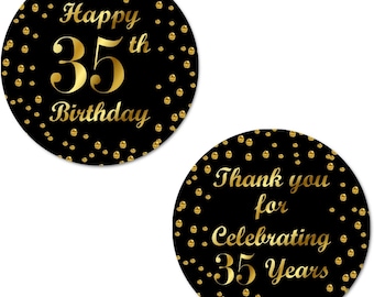 35th Birthday Happy Birthday Stickers, 2 Inch Big Round Glossy Labels  (Black and Gold Label)