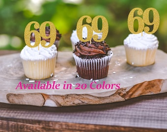 69th Birthday Cupcake Toppers | Glitter Number 69 Decorations | 69th Party Decor | Age 69 Milestone | Party Favors Birthday Party Supplies
