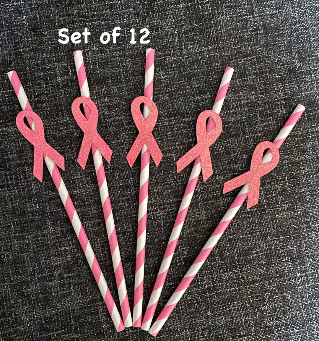 Set of 12 Breast Cancer Awareness Straws Pink Glitter Ribbons With Pink ...