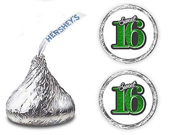 Sweet 16 Kisses Stickers, (Set of 216) Green 16th Birthday Labels Stickers   Kisses Party Favors  (Candy NOT INCLUDED)