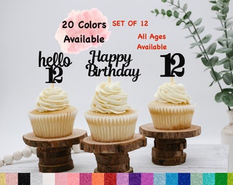 12th Birthday Cupcake Toppers | Hello 12 Theme | Number 12| Happy Birthday Sign | Glitter Birthday Decorations | Age Toppers Party Decor