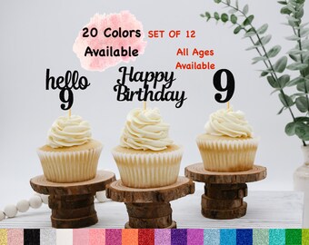 9th Birthday Cupcake Toppers | Hello 9 Theme | Number 9 | Happy Birthday Sign | Glitter Birthday Decorations | Age Toppers Party Decor