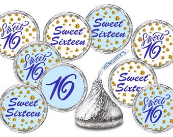 Sweet 16 Kisses Stickers, (Set of 216) Blue 16th Birthday Labels Stickers   Kisses Party Favors  (Candy NOT INCLUDED)