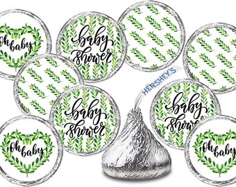 Green Baby Shower Kisses Stickers, (Set of 216), Greenery Theme Labels Stickers  Kisses Party Favors Decor CANDY NOT INCLUDED
