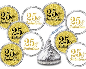 Any Age 25 and Fabulous Birthday Kiss Stickers (Set of 216) Labels For  Kisses Party Favors Decor (CANDY NOT INCLUDED) Gold theme