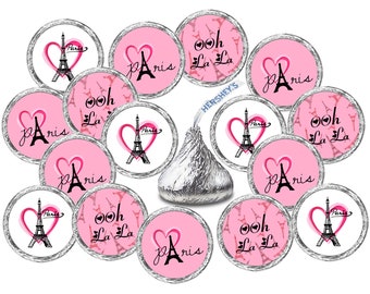 324 PARIS Eiffel Tower Theme Pink Kisses Stickers Birthday Wedding Baby Shower (candy not included)