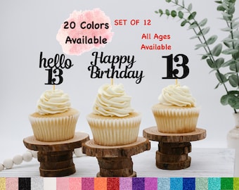 13th Birthday Cupcake Toppers | Hello 13 Theme | Number 13 | Happy Birthday Sign | Glitter Birthday Decorations | Age Toppers Party Decor