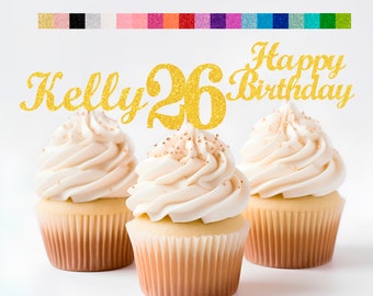 26th Birthday Decorations Personalized Birthday Cupcake Toppers Custom Age, Name & Happy Birthday Sign - Party Decorations for Kids Adults