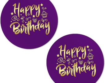 40 Happy Birthday Stickers, 2 Inch Big Round Glossy Labels  (Purple)