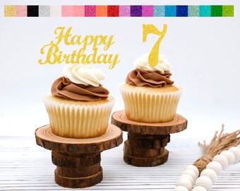 7th Birthday Cupcake Toppers | Number 7 Party Picks | 7th Party Supplies | Age 7 Toppers Party Decor Glitter Happy Birthday Decorations