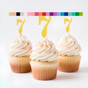 7th Birthday Cupcake Toppers | Glitter Number 7 Decorations | 7th Party Decor | Age 7 Milestone | Party Favors Birthday Party Supplies