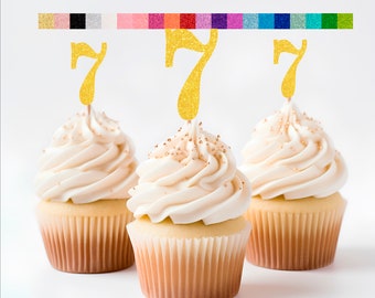 7th Birthday Cupcake Toppers | Glitter Number 7 Decorations | 7th Party Decor | Age 7 Milestone | Party Favors Birthday Party Supplies