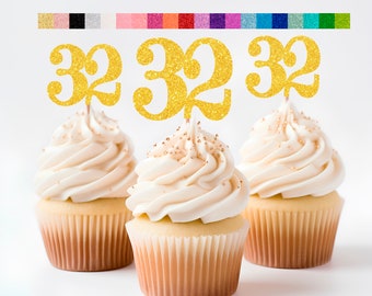 32nd Birthday Cupcake Toppers | Glitter Number 32 Decorations | 32nd Party Decor | Age 32 Milestone | Party Favors Birthday Party Supplies