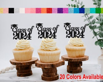 Class of 2024 Cupcake Toppers  (SET of 12) Graduation Cupcake Toppers Glitter Class Reunion All Years Available (20 Colors Available)