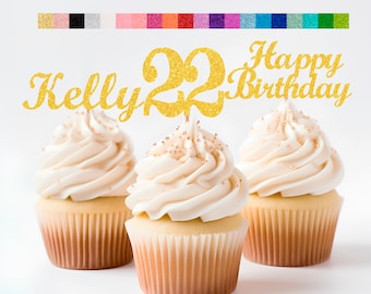 22nd Birthday Decorations Personalized Birthday Cupcake Toppers Custom Age, Name & Happy Birthday Sign - Party Decorations for Kids Adults