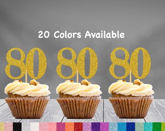 80th Birthday Cupcake Toppers | Glitter Number 80 Decorations | 80th Party Decor | Age 80 Milestone | Party Favors Birthday Party Supplies