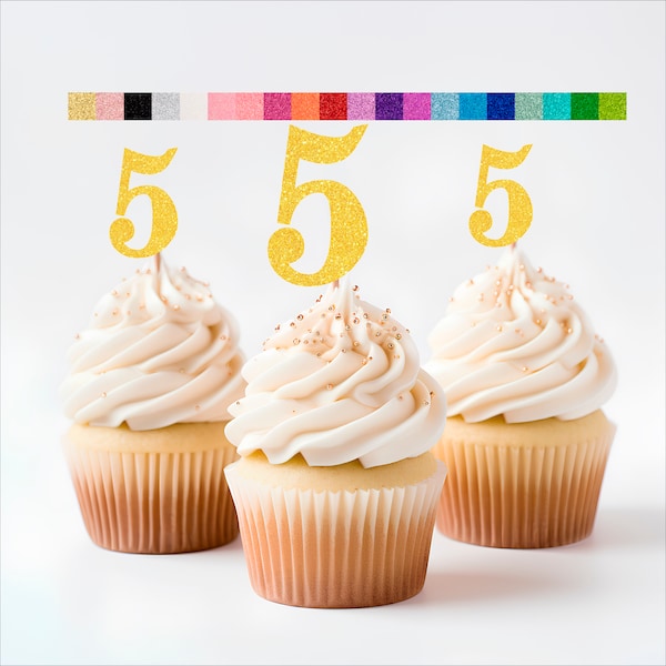 ANY NUMBER 5th Birthday Cupcake toppers Number 5 Cupcake Toppers Glitter Number Cupcake Topper Party Decoration  (choose from 20 colors)
