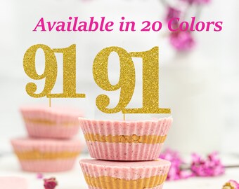 91st Birthday Cupcake Toppers | Glitter Number 91 Decorations | 91st Party Decor | Age 91 Milestone | Party Favors Birthday Party Supplies