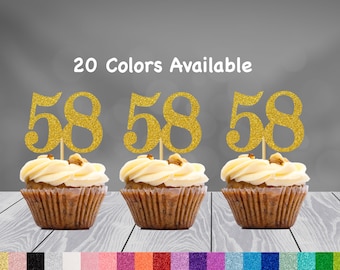 58th Birthday Cupcake Toppers | Glitter Number 58 Decorations | 58th Party Decor | Age 58 Milestone | Party Favors Birthday Party Supplies