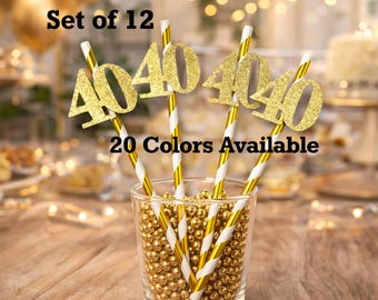 40th Birthday Party Straws with Number (SET OF 12) Adult Birthday Party Decorations  Tableware Decor (Number available in 20 Colors)