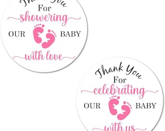 Thank You for Showering Our Baby with Love Stickers (Set of 40)  (Pink Footprints)