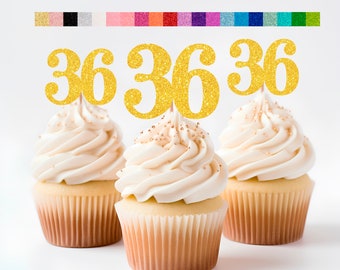 36th Birthday Cupcake Toppers | Glitter Number 36 Decorations | 36th Party Decor | Age 36 Milestone | Party Favors Birthday Party Supplies