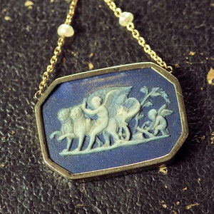 Rare Antique English Early Wedgwood Jasperware 9K Gold Pendant Cupid & Venus