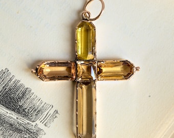 Stunning Genuine Antique Georgian English 15K Gold Imperial Topaz Cross Pendant
