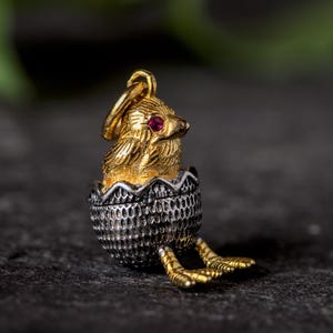 Wonderful Vintage Silver Gilt Ruby Grumpy Chick Easter Egg Charm Pendant
