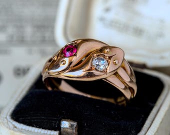 Fabulous Large Antique English 9K Gold Diamond Ruby Double Snake Ring 1919