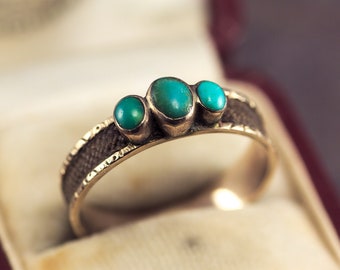 Antique Victorian English 9K Gold Turquoise Hair Mourning Band Ring c1860