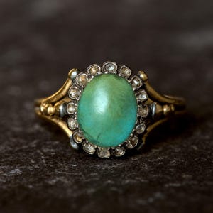 Superb Antique Georgian English 18K Gold Diamond Green Turquoise Ring c1820
