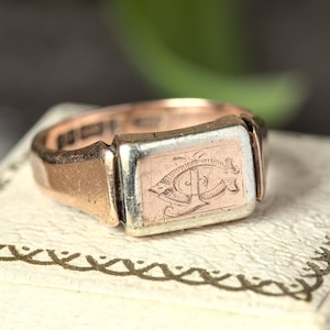 Quality Antique Art Deco English 9K White & Rose Gold Signet Ring JG / GJ c1928