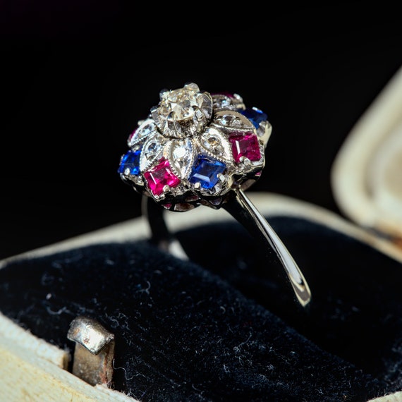 Stunning Vintage 18K White Gold Ruby Sapphire Dia… - image 3