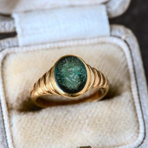 Superb Antique 14K Gold Green Paste Heraldic Crest Signet Ring c1870