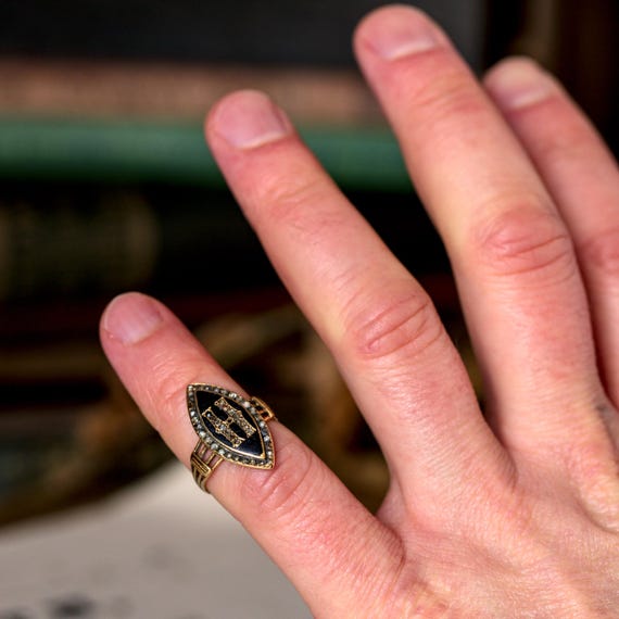 Antique Victorian English 18K Gold Diamond Enamel Initial 'H' Ring