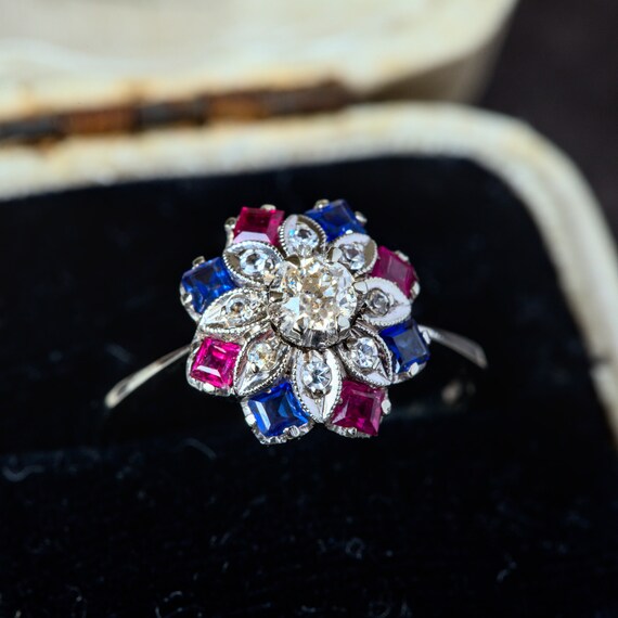 Stunning Vintage 18K White Gold Ruby Sapphire Dia… - image 4
