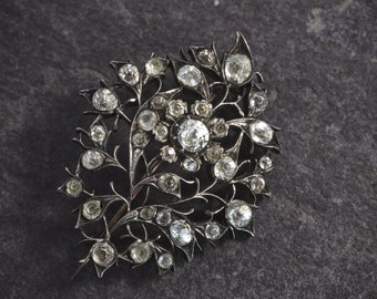 Antique Diamond Paste Solid Silver Brooch Pin Leaf Flower Art