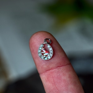 May include: A small, silver-toned pendant in a horseshoe shape, encrusted with clear crystals. Inside, a miniature mushroom scene with red and white details is visible. The pendant is held on a fingertip.